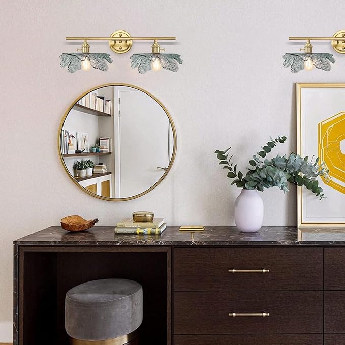 gold vanity light mid century Modern Vanity Lights Fixtures 2 light bathroom sconce with Dark Green Glass Shade gold Wall Sconce Light Bathroom Lights Over Mirror for Bedroom Hallway Living Room