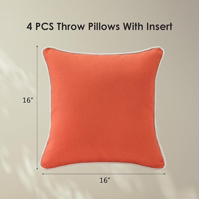 Decorative Outdoor Water Repellent Throw Pillows with Inserts, Set of 4, 16" x16" Pillows for Patio, Backyard, Bed, Couch, and Patio Furniture, Coral Orange