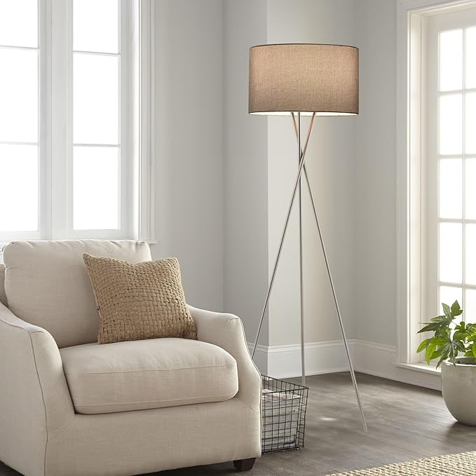 Kira Home Sadie 60" Mid Century Modern Tripod LED Floor Lamp + 9W Bulb (Energy Efficient/Eco-Friendly), Gray Drum Shade, Brushed Nickel Finish