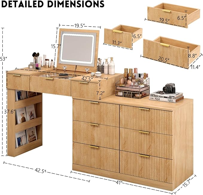 Fluted Vanity Desk with Flip Top Mirror and Lights, Wooden Makeup Vanity Desk with Glass Top & USB Ports, Modern Extendable Dressing Table with 9 Drawers Dresser and Cabinet, Dresser for Bedroom (Oak)