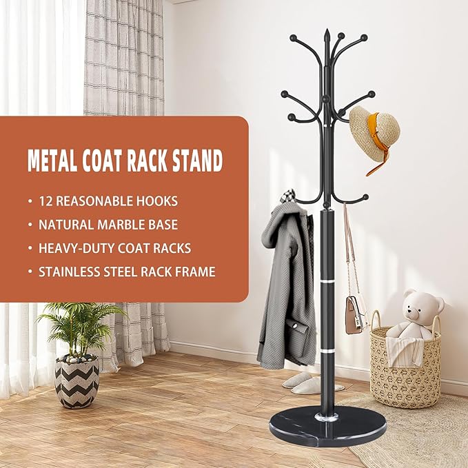 Metal Coat Rack Stand, Modern Freestanding Coat Rack with Natural Marble Base, Coat Racks and Coat Hall Tree Hanger Stand for Entryway, Hallway, Office (12 HOOKS)