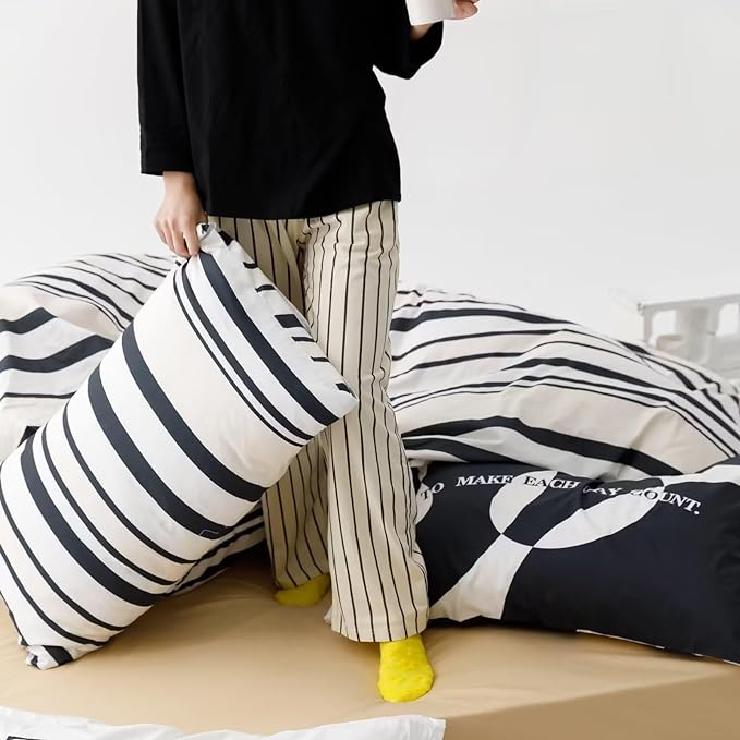 Cottonight Black and White Striped Comforter Set King Geometric Bedding Comforter Women Men Beige Black Blanket Quilts Geometric Ticking Bedding Set Fluffy Folkloric Boho Quilts for King Bed