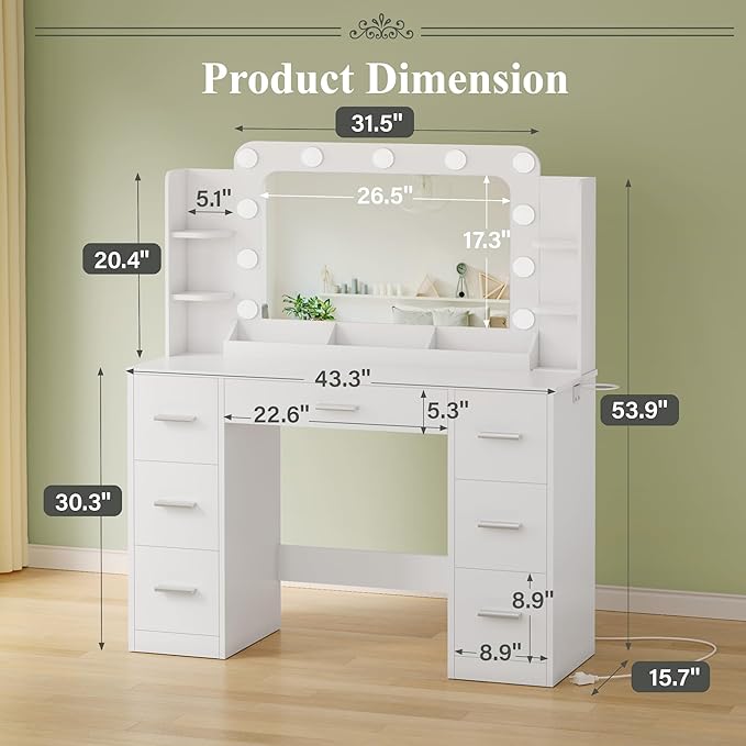 JUMMICO Makeup Vanity Desk with Large Mirror and Lights, Vanity with Power Strip and Hairdryer Holder, 6 Open Shelves and 7 Drawers Modern Dressing Table, for Bedroom (White)