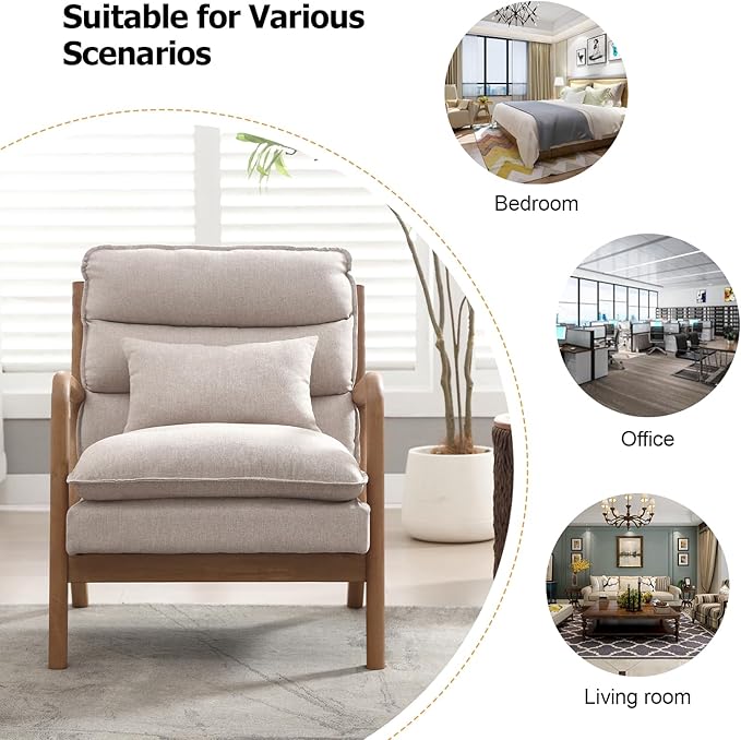 INZOY Mid Century Modern Accent Chair with Wood Frame, Upholstered Reading Armchair with Waist Cushion, Double Padded Accent Chair, Side Chair for Living Room Bedroom Office, Easy Assembly, Beige