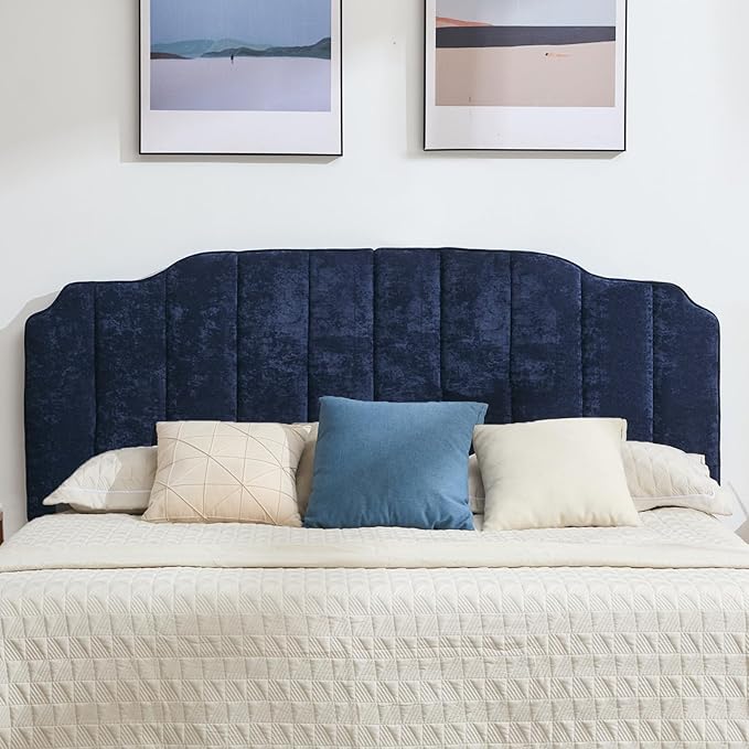 Queen Size Headboard Dark Blue Upholstered Headboard Adjustable Height&Width Chenille Headboards Modern Vertical Channel Design Bed Head Board, Dark Blue