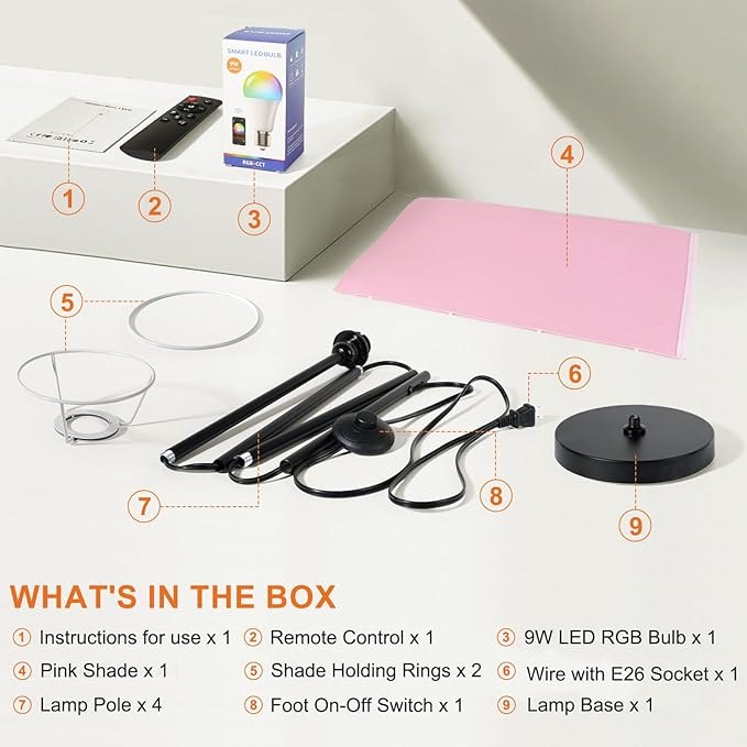 FRIDEKO HOME Pink Shade Floor Lamp with RGB Music Sync, 16 Million Colors & Stepless Dimming 2700K-6500K, 3CCT, 800LM LED Bulb with App & Remote, Modern Standing Light for Living Room, Bedroom, Office