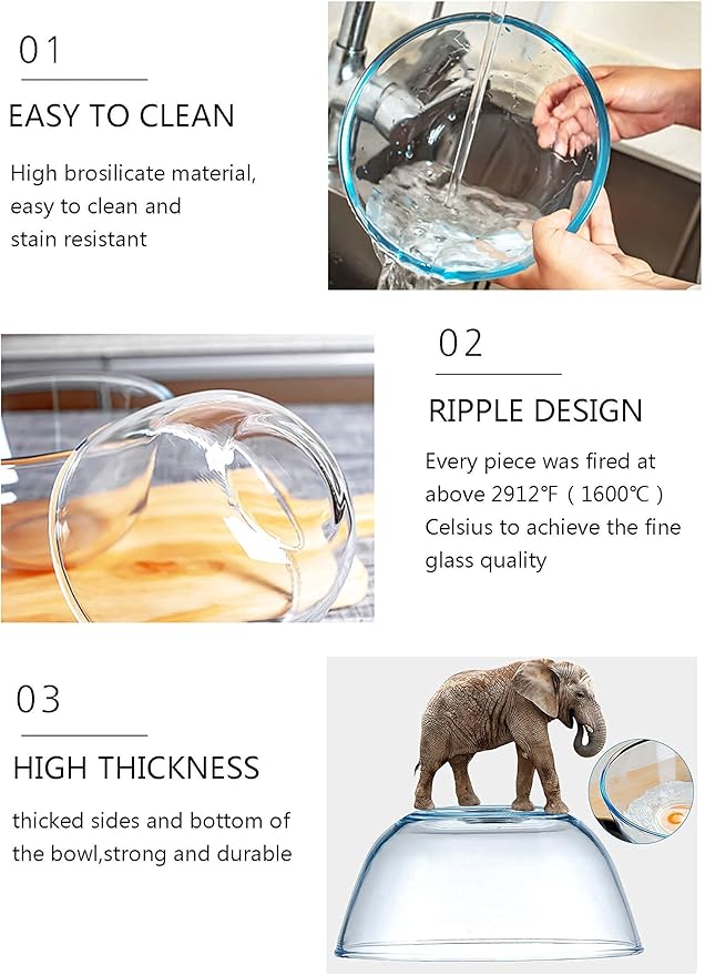 Glass Mixing Bowl Set for Baking 3-Piece Salad Bowl Set (1qt, 2.5qt, 4.2qt), High Brosilicate Large Bowls for Kitchen Prepping Serving and Storage, Microwave Dishwasher Oven Safe