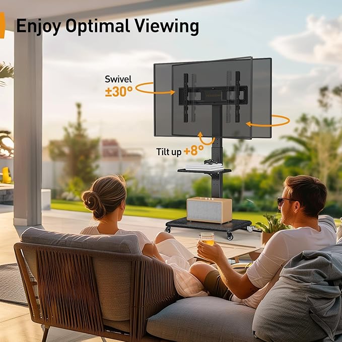 Perlegear Mobile TV Stand with Power Outlet, Tilt & Swivel Rolling TV Cart for 32 to 65 70 75 inch TVs up to 110 lbs, Height Adjustable Rolling TV Stand with Wheels, Max VESA 600x400mm, PGTVMC17