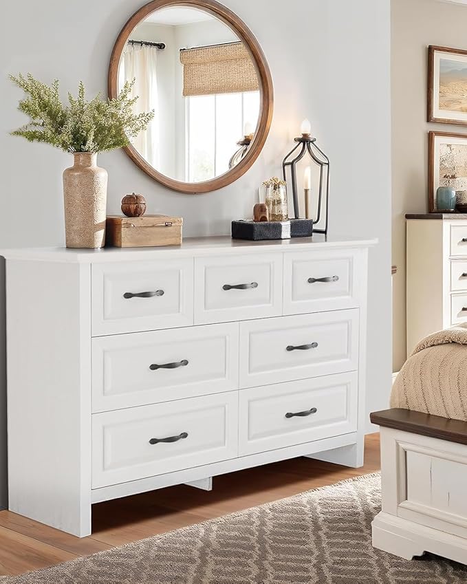 Pipishell White 7 Drawers Dresser for Bedroom, 47" Wide Wood Rustic Chest of Drawers with Bar Handles, Farmhouse Storage Dressers Organizer for Bedroom, Living Room, Hallway, White