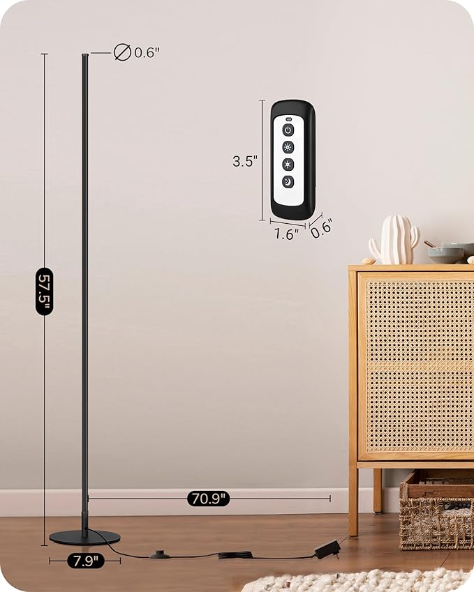 EDISHINE LED Corner Floor Lamp with Remote, 57.5" Minimalist Dimmable Corner Light, Tall Floor Lamps for Living Room, Bedroom, Office, 3000K Warm White Light (Black)