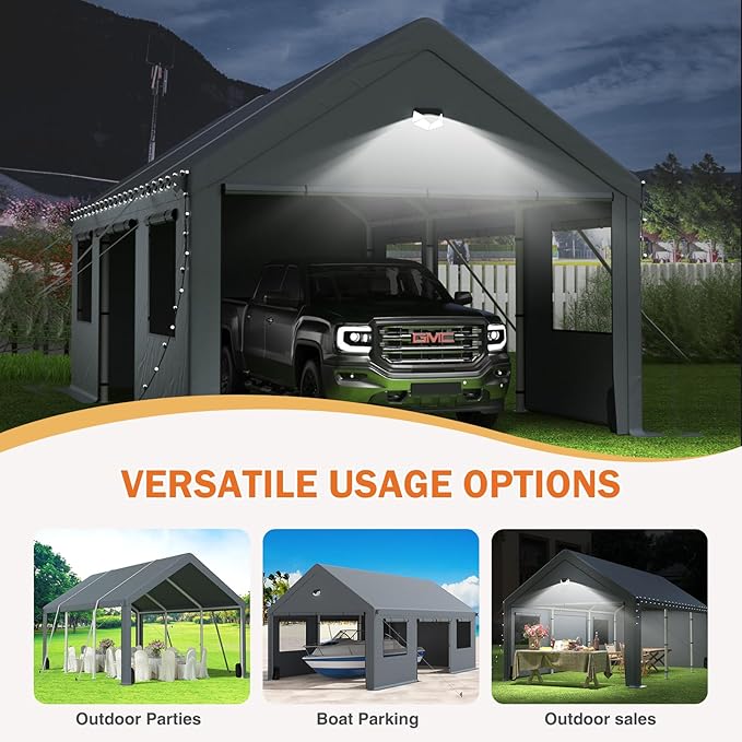 Carports 10X20 Heavy Duty,Portable Car Port Garage,Carport Canopy with Side Doors,Outdoor Car Shelter All Weather,Grey
