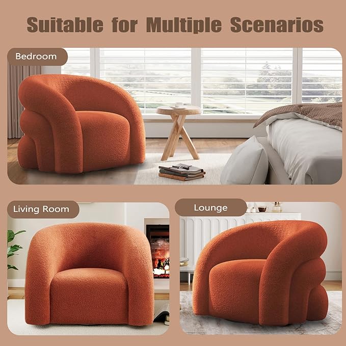 34.6" W Mordern Swivel Accent Chair,Sherpa Round Upholstered Boucle 360Β° Swivel Armchair for Living Room,Comfy No Assembly Sofa Chair for Bedroom Reading Apartment Lounge(Orange)