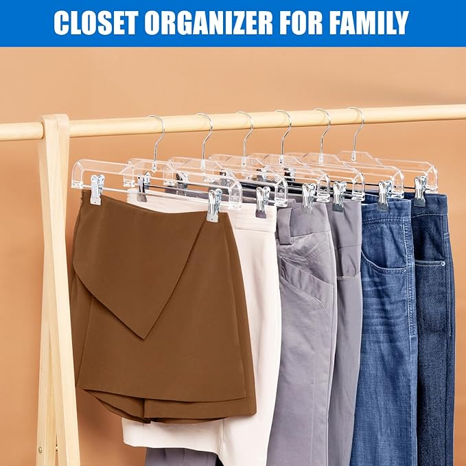 Amber Home 24 Pack Clear Plastic Jeans Pants Skirt Hangers, Bottom Hangers with Adjustable Clips & 360 Swivel Hook, Crystal Clear Plastic Clothes Hangers for Jeans, Pants, Skirts, Short