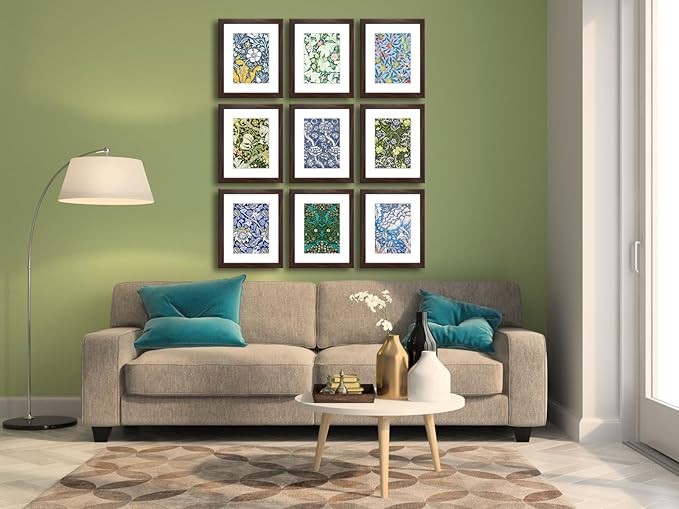 8x10 Picture Frame Set of 9 for Pictures 5x7 with Mat or 8x10 Without Mat, Wall or Tabletop Gallery Photo Frames Walnut