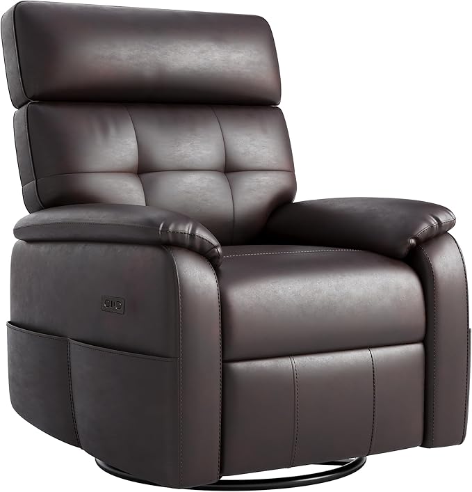 Claiks Power Swivel Rocker Recliner Chair, Oversized Recliner Chairs for Adults, PU Leather Overstuffed Reclining Chair with USB and Type-C Ports for Living Room, Dark Brown