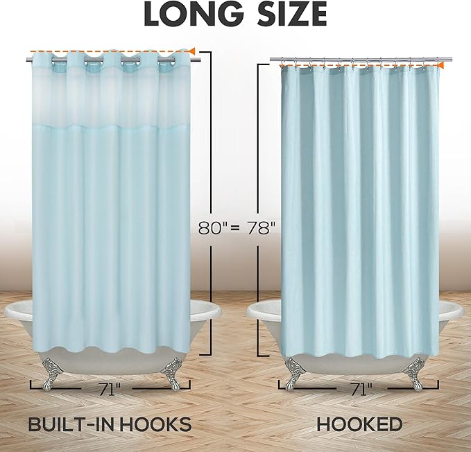 Long No Hook Slub Textured Shower Curtain with Snap-in PEVA Liner Set - 71" x 80"(78"), Hotel Style with See Through Top Window, Blue Fabric Curtain & Waterproof Liner, Blue, 71x80