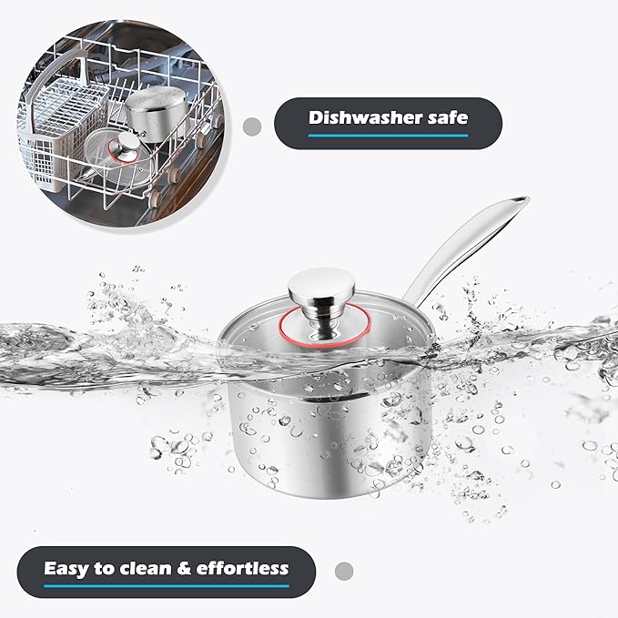 E-far 3-Quart Saucepan, Tri-Ply Stainless Steel Sauce Pan with Glass Lid, Small Cooking Induction Pot Compatible with All Cooktops, Non Toxic, Oven & Dishwasher Safe