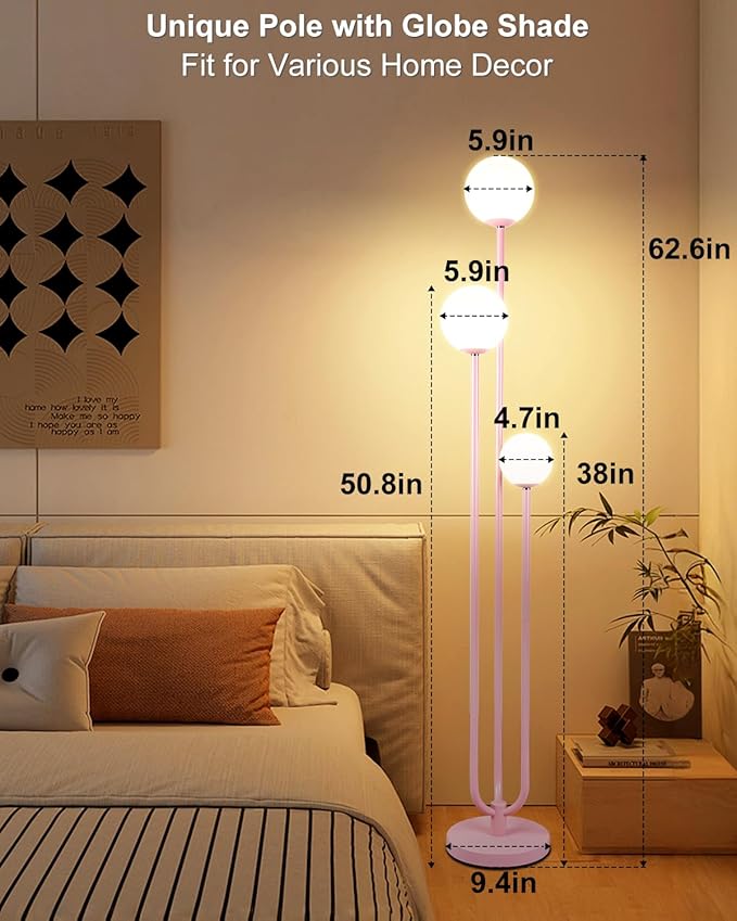 Lightdot 63IN Pink Floor Lamp Mid Century Modern Floor Lamp with 3 Globe Soft Warm White 3000K Bulbs Candle Holder Style Standing Lamp for Wedding Party/Living Room