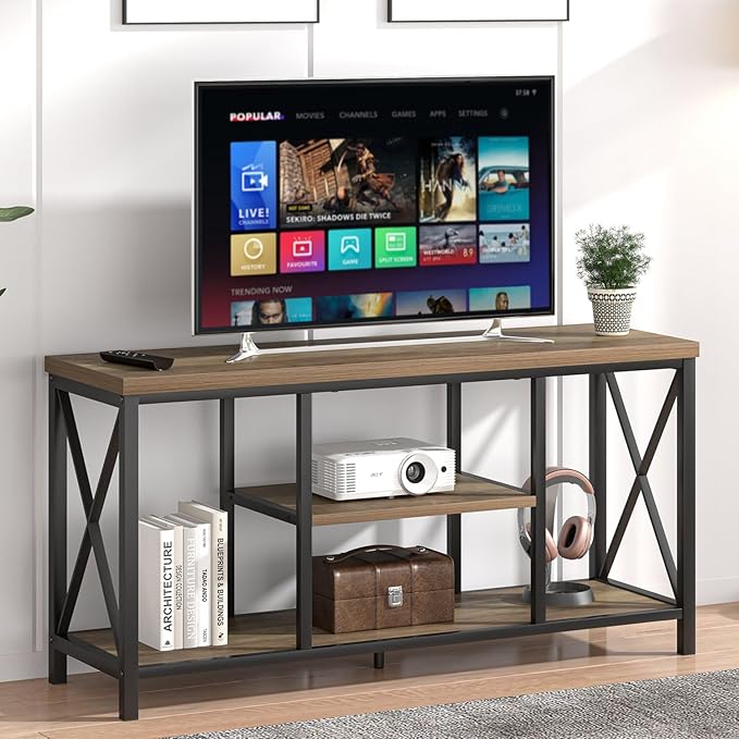 FOLUBAN TV Stand for TVs up to 55 Inch, Rustic Wood and Metal Entertainment Center with Storage, Modern Industrial Media TV Console Table for Living Room Bedroom, Oak 47 Inch