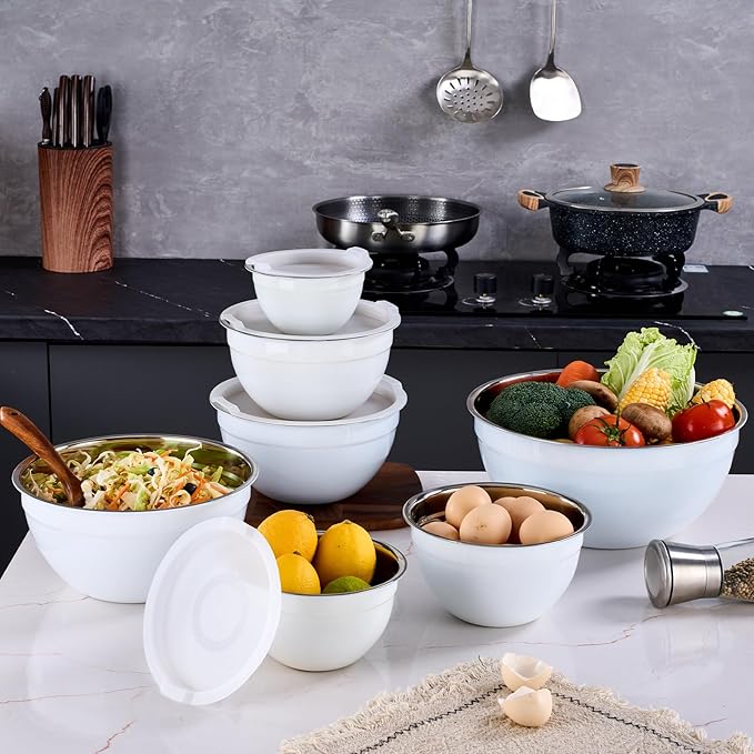 White Mixing Bowls With Airtight Lids,Stainless Steel Bowl,Salad Bowls 7 Piece Colorful Nesting Bowl White Kitchen Accessories,Size 7,3.6,2.7,2.1,1.5,1.1,0.8QT Stackable Design