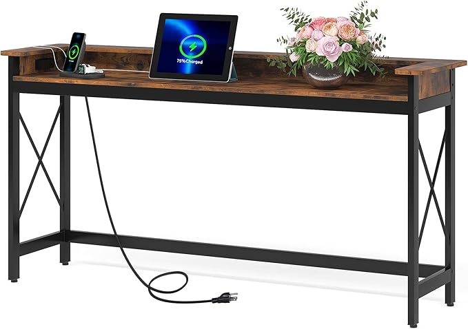 LITTLE TREE 70.9 inch Long Sofa Console Table with Outlets Charging Station Narrow Entryway Hallway Accent Furniture