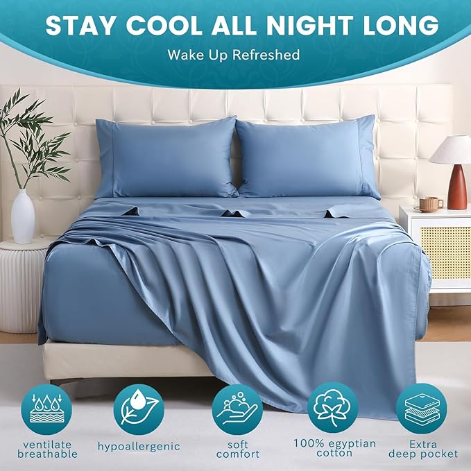 Bedlifes King Sheet Set, Extra Deep Pocket 18-24 Inches,1000Thread Count 100% Egyptian Cotton, Soft and Breathable Sateen 4-Piece,Mineral Blue