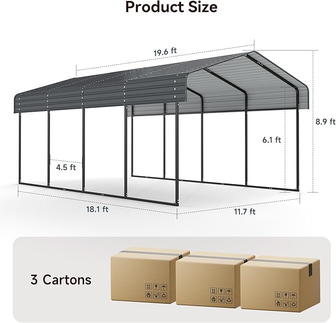 12x20 FT Heavy Duty Metal Carport Canopy with Galvanized Steel Roof, Multi-Use Shelter Outdoor Garage for Car, Boat, Party,Gray