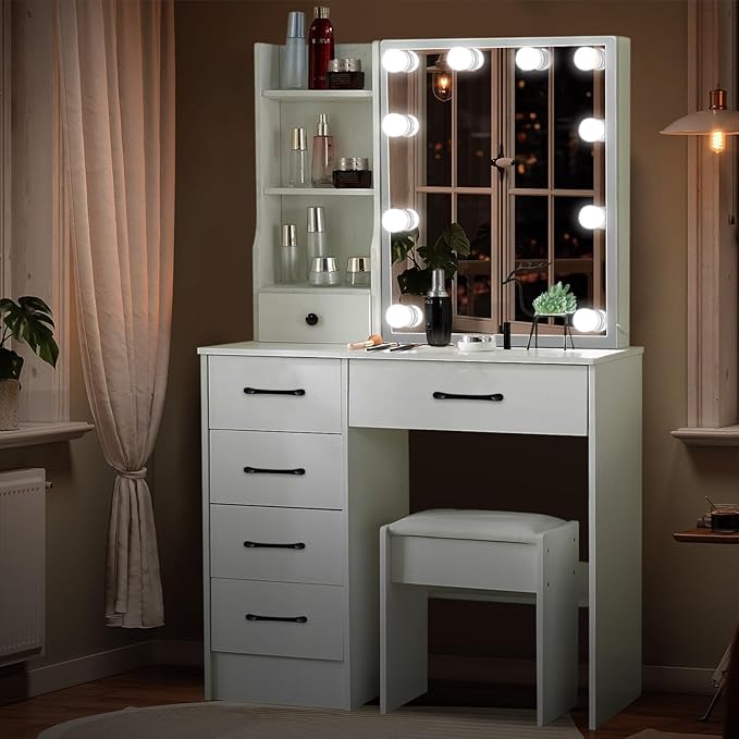 Vanity Desk with Sliding Mirror and Lights, Makeup Vanity Table Set with Chair and 6 Drawers, Small White Makeup Vanity with HD Mirror, 3 Lighting Modes Makeup Desk for Bedroom Women