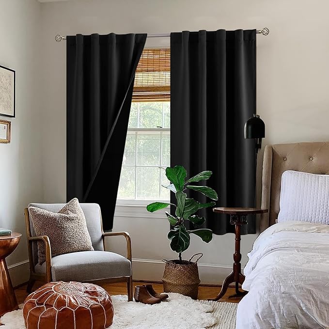 BGment Black 100% Blackout Curtains 63 Inches Long with Thermal Insulated Liner, Rod Pocket and Back Tab Double Layer Full Room Darkening Window Curtain for Bedroom, 2 Panels,Each 38 x 63 Inch