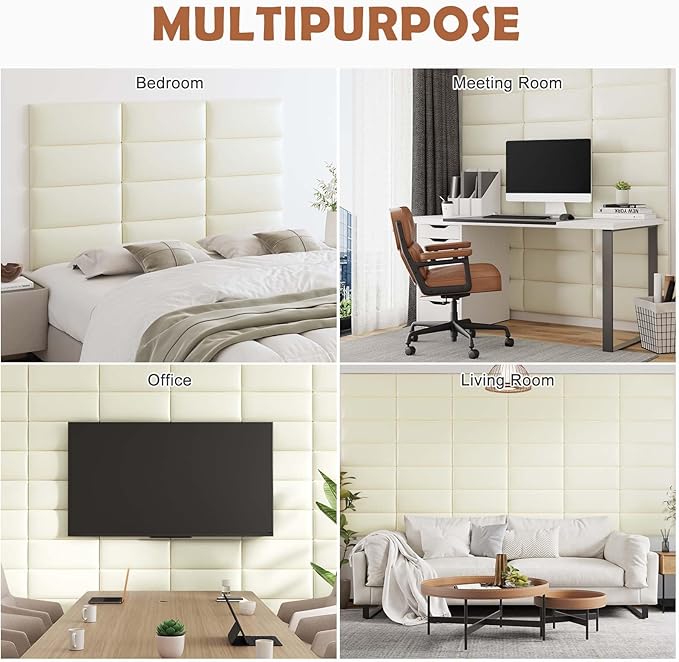IFNOW Wall Mounted Upholstered Headboard King, 3D Peel and Stick Soundproof Wall Panels, Reusable and Removable Padded Headboard Leather Bed, 12 Panels 9.84" x 23.62", Beige
