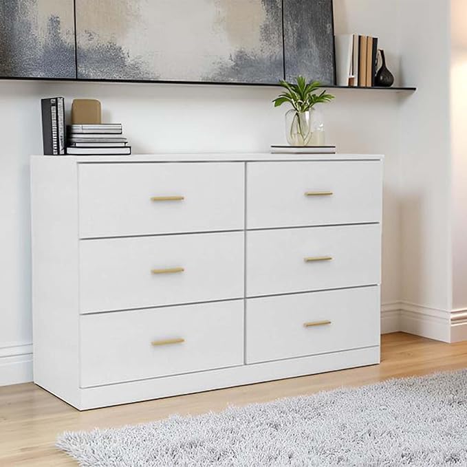 6 Drawer Dresser, Wide Chest of Drawers Organizer Storage with Drawers, Large White Storage Tower Unit, Modern Minimalist Closet Store Organizer for Bedroom or Living Room, Anti-Tipping Device (White)