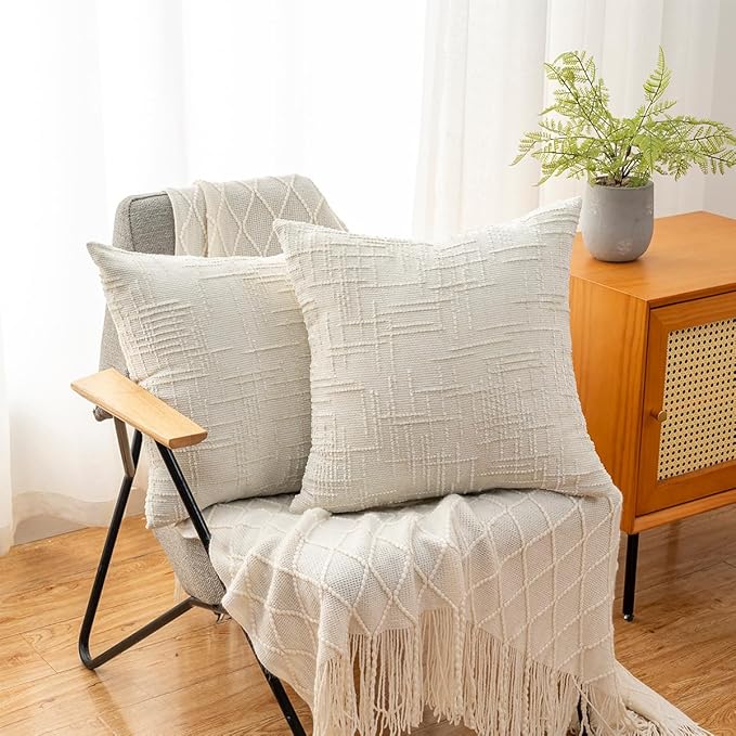 Decorative Throw Pillow Covers 22x22 Inch Set of 2, Soft Solid Farmhouse Chenille Couch Pillows, Spring Pillow Covers for Couch Sofa Bed Living Room Home Decor Pillowcase, Cream White