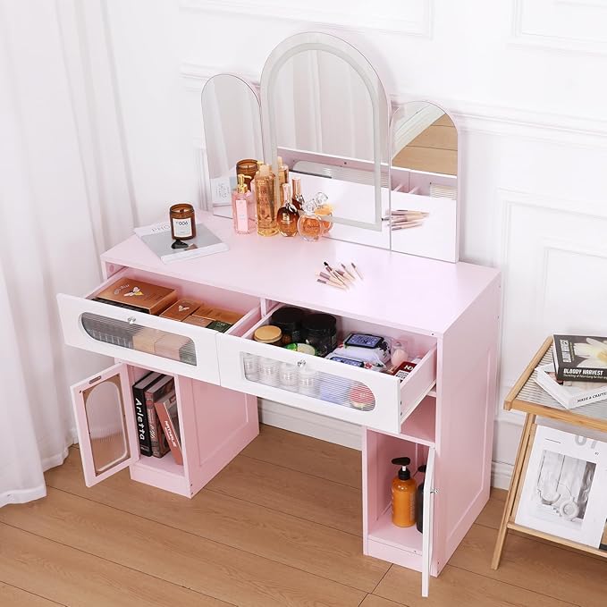 Vanity Desk with Arched Tri-Fold Mirror, Dimmable Vanity Table, LED RGB Makeup Vanity with 2 Drawers, 2 Open Storage Area & 2 Cabinets, Gifts for Girls/Women, Dressing Table (Pink)