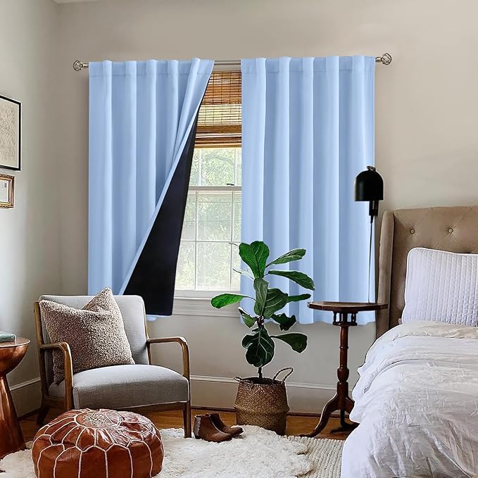 BGment 100% Blackout Curtains 40 Inch Length for Cafe, Kitchen Curtains Rod Pocket Back Tab Double Layer Thermal Insulated Room Darkening Bedroom Curtains, 2 Window Panels, 42 x 40 Inch,Light Blue
