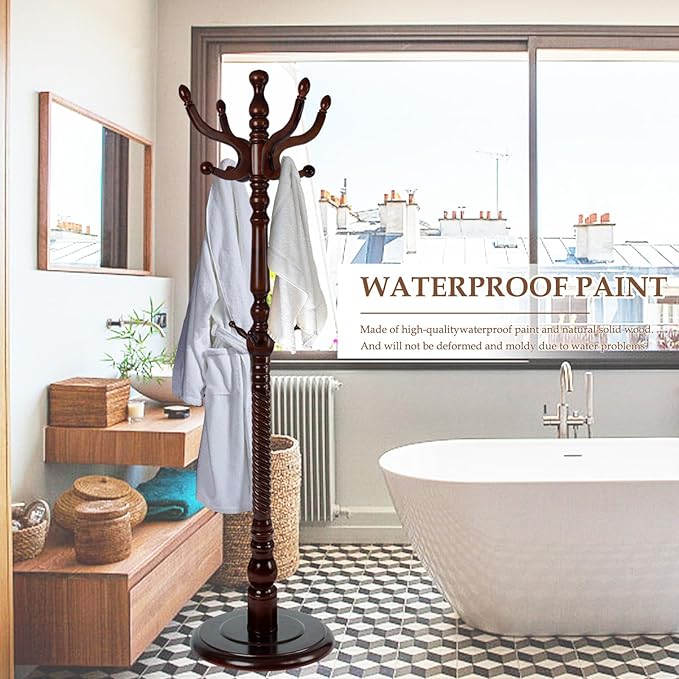 Wood Coat Rack Freestanding, Natural Coats Tree Stand with 14 Hooks, 73" Sturdy and Easy Assembly Coat Rack Stand for Entryway, Hallway, Bedroom, Bags, Hats (Heavy-duty Disc Base, Walnut Color)