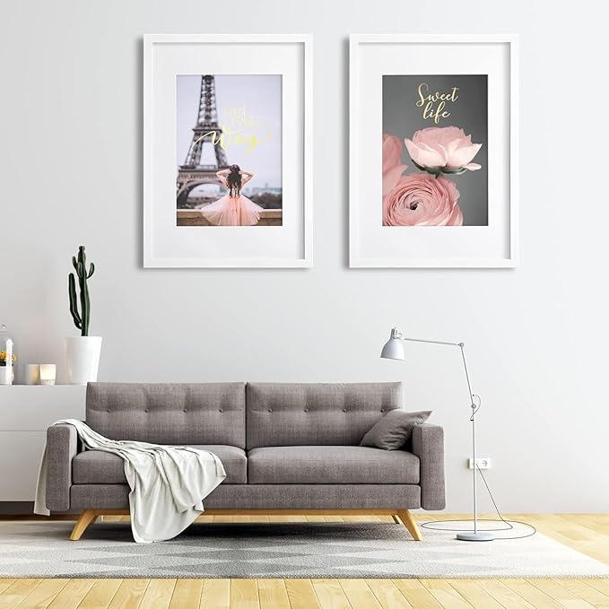 Egofine A2 Solid Wood Picture Frame, Made of Solid Wood Covered by Plexiglass A3 with Mat 16.5 x 23.4 without Mat, Poster Frame for Wall Mounting Hanging Photo Frame Vertically or Horizontally, White