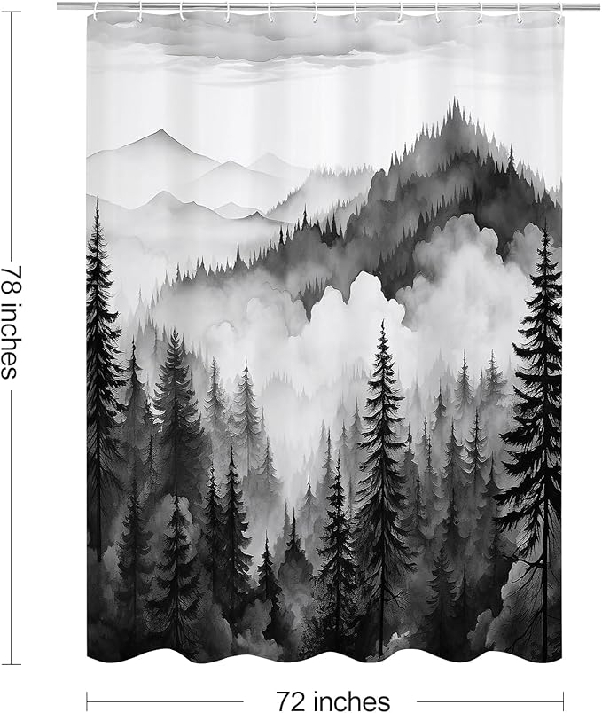 Black Long Misty Pine Forest Shower Curtain 72 x 78, Mountain Foggy Woodland Scenery Tree 78 Inch Long Shower Curtains for Bathroom, Abstract Waterproof Nature-Themed Decor