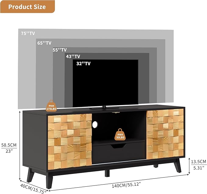 Mid Modern TV Stand with Storage | 55" Wide Walnut Wood Console Cabinet | Entertainment Center w/Adjustable Shelves | Solid Wood Legs | Easy Assembly
