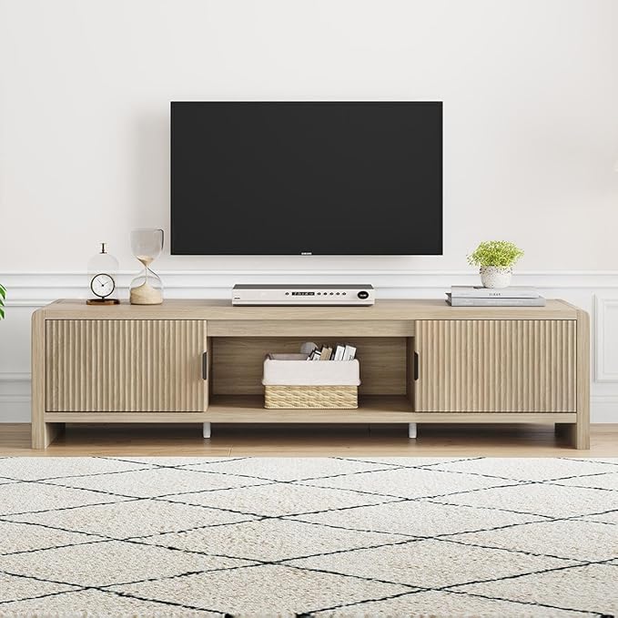 FATORRI TV Stand for TVs up to 75/65/55 Inch, Wood Entertainment Center with Storage, Farmhouse Waveform Fluted-Door Television Media Console for Living Room, Bedroom (63 Inch W, Light Walnut)