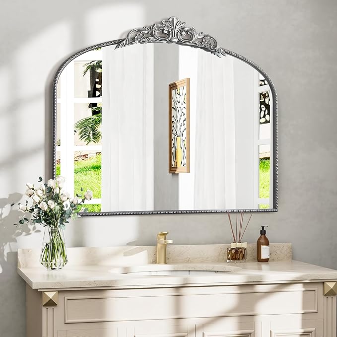 Micasso Antique Silver Wall Mirror, 40"x30" Metral Framed Arch Baroque Ornate Mantel Mirror for Bathroom, Entryway, Living Room