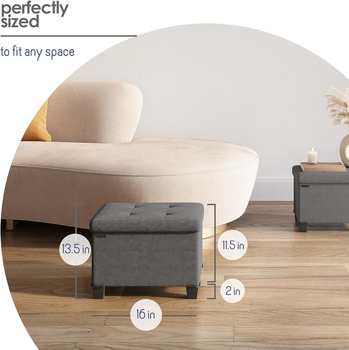 STORAGEBUD Storage Ottoman Cube with Small Bin, 16-in Square Ottoman with Storage for Living Room and Bedroom, Small Ottomans Foot Rest, Velvet Foot Stools Ottomans Max 330lbs, Grey