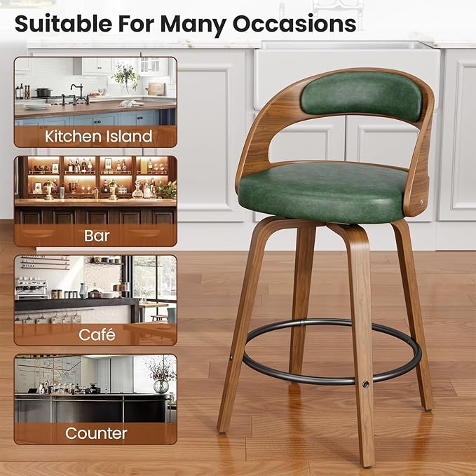 Swivel Bar Stools Set of 2, 26" Counter Height Bentwood Barstool, Mid-Century Modern PU Leather Upholstered Bar Chair with Back and Footrest, for Kitchen Island, Bar, Cafe, Dining Room, Green