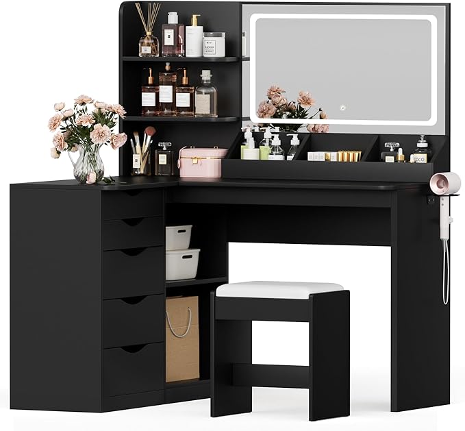 JUMMICO Makeup Vanity Desk with Mirror and Lights, L- Shaped Vanity, Modern Vanity Table with 5 Drawers & Adjustable Shelves, Power Outlet with Fast Charging, for Bedroom (Black)