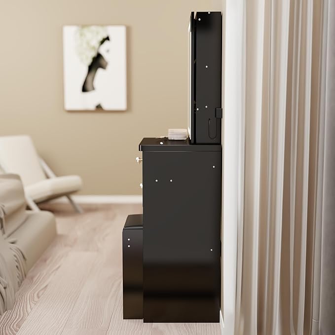 29.2" Small Vanity Desk with Mirror and Lights, Makeup Table with Led Lights and Sliding Mirror, 3 Lighting Colors, Vanity Set with Drawers and Stool for Small Space and Bedroom, Black