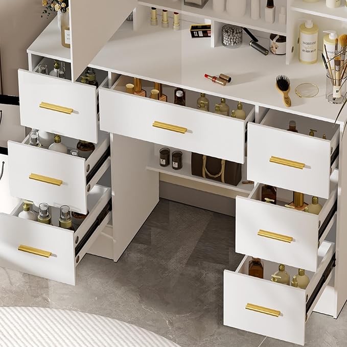Vanity Desk with Mirror and 3 Color LED Light, Large Tabletop 7 Drawers, 8 Open Storage Shelves, 2 Hiding Shelves Makeup Table, Vanity Dressing Table for Girls and Women,100 * 40 * 140cm
