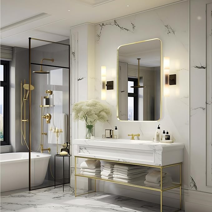 Wall Mount Mirror for Bathroom, Brushed Gold Metal Framed Rounded Corner Rectangular Vanity Mirror (24" x 30", Gold)