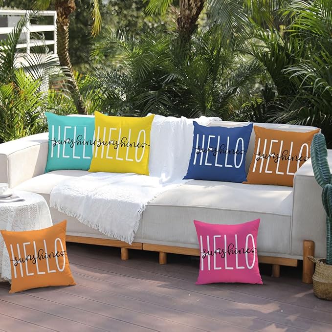 DFXSZ Outdoor Pillow Covers 18x18 Inch Set of 2 Hello Sunshine Decor Rust Waterproof Summer Outdoor Pillowcases Decor for Patio Funiture Garden Sofa Couch 020L18