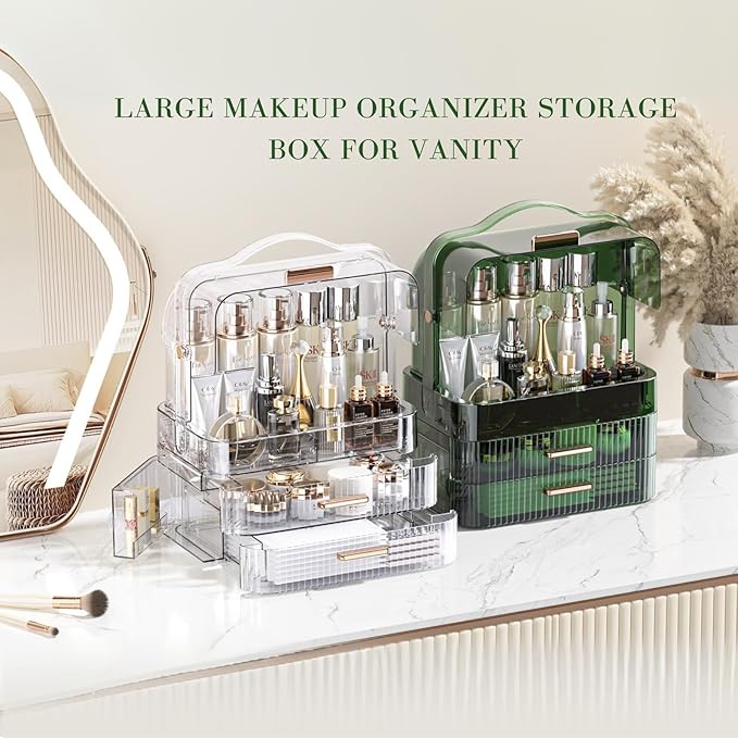 LINFIDITE Cosmetics Storage Box Transparent Lid Large Makeup Organizer Box Drawers Portable Handle Waterproof Dustproof Skincare Display Cases for Countertop, Bathroom, Dresser,Gift Clear Green