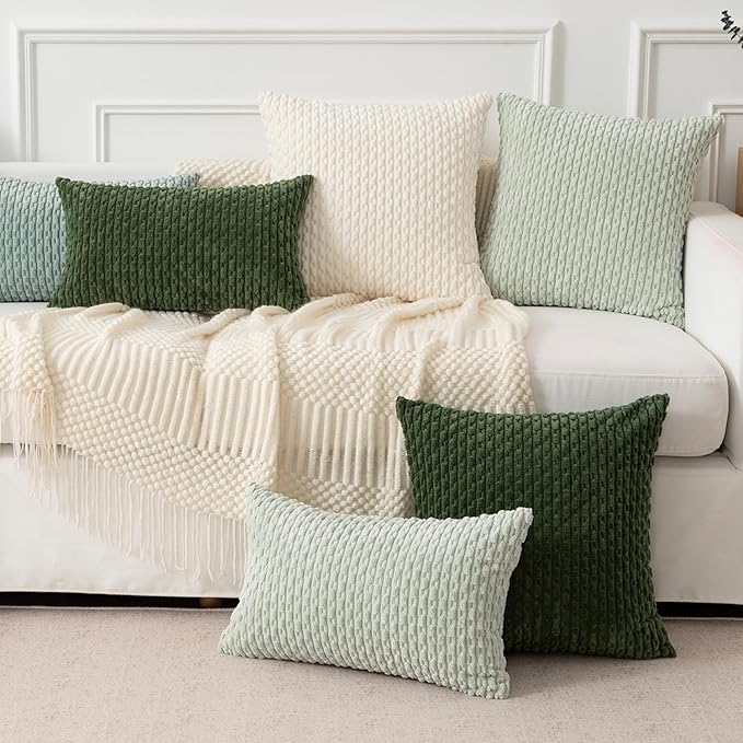 Kevin Textile Throw Pillow Covers Soft Corduroy Decorative Set of 2 Boho Striped Pillow Covers Pillowcases Farmhouse Home Decor for Couch Bed Sofa Living Room 12x20 Inch Moss Green