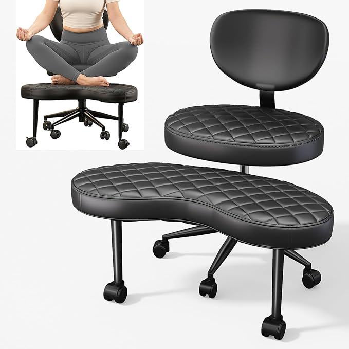Cross Legged Office Chair, Ergonomic Criss Cross Design, Wide Comfy Desk Seat, ADHD Meditation Chair with Wheels, Adjustable Height Kneeling Chair with Back Support